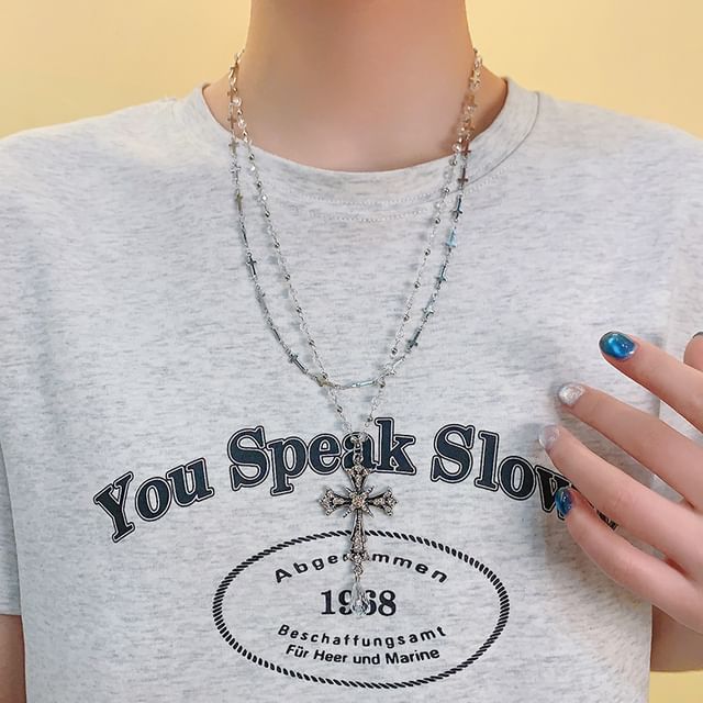 Cross Pendant Bead Necklace Layered CZ