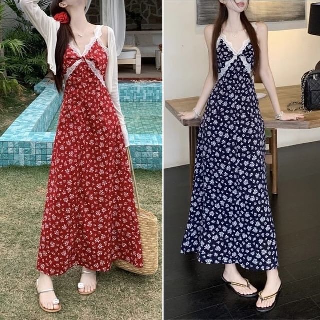 Dress Floral Maxi Print A-Line V-Neck Cardigan Sleeveless /