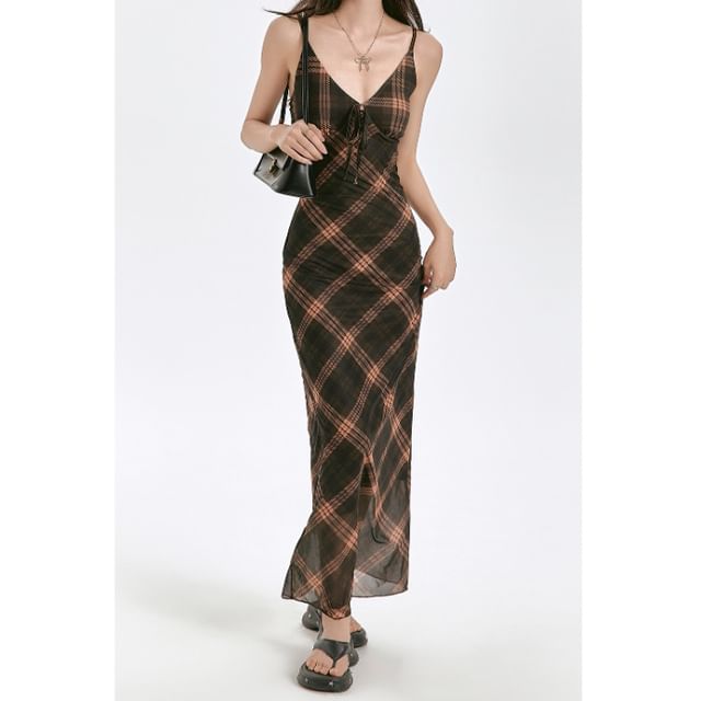 Strap Maxi Dress Plaid V-Neck Spaghetti Sheath