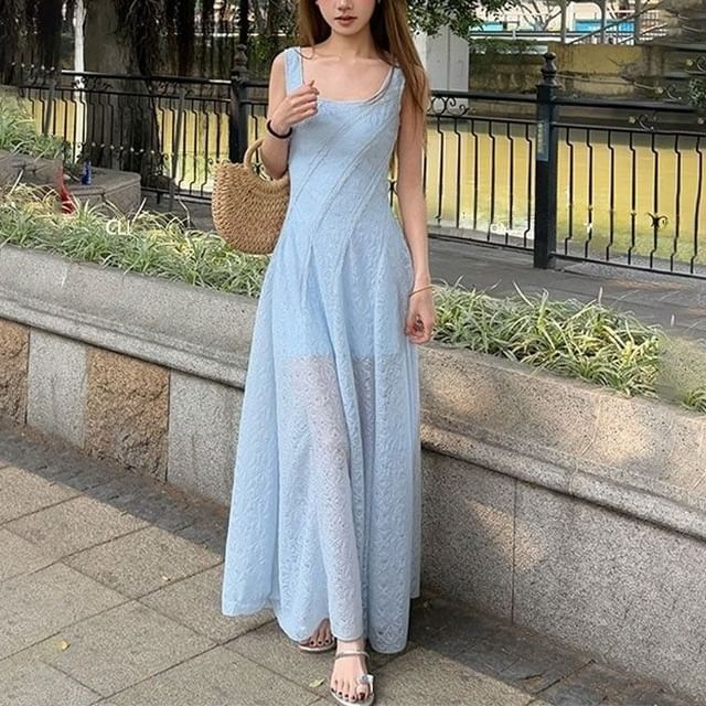 Neck Sleeveless A-Line Maxi Square Plain Dress