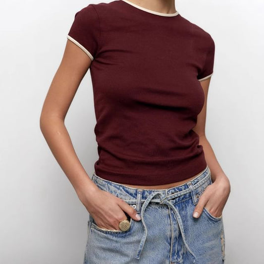 Contrast Slim Crew Tee Neck Short-Sleeve Trim Crop Fit