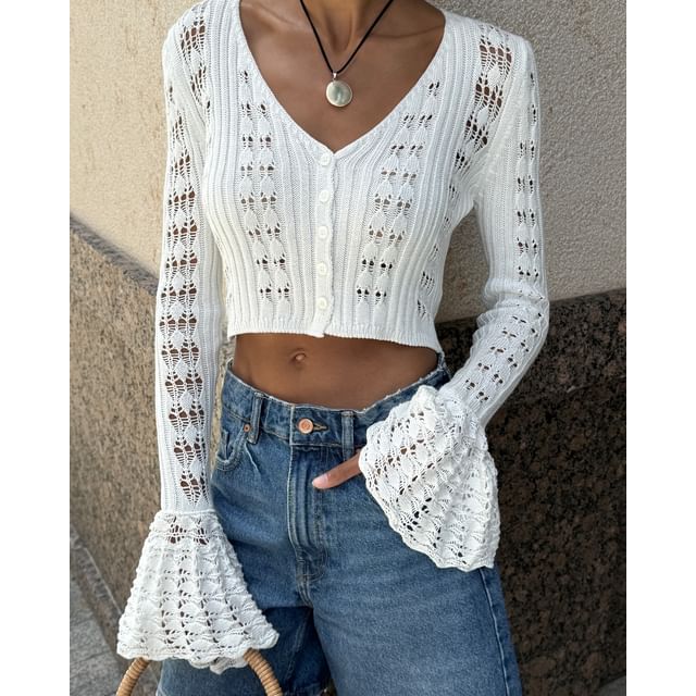 Cardigan Perforated Crop Flared-Cuff Button-Up Plain V-Neck