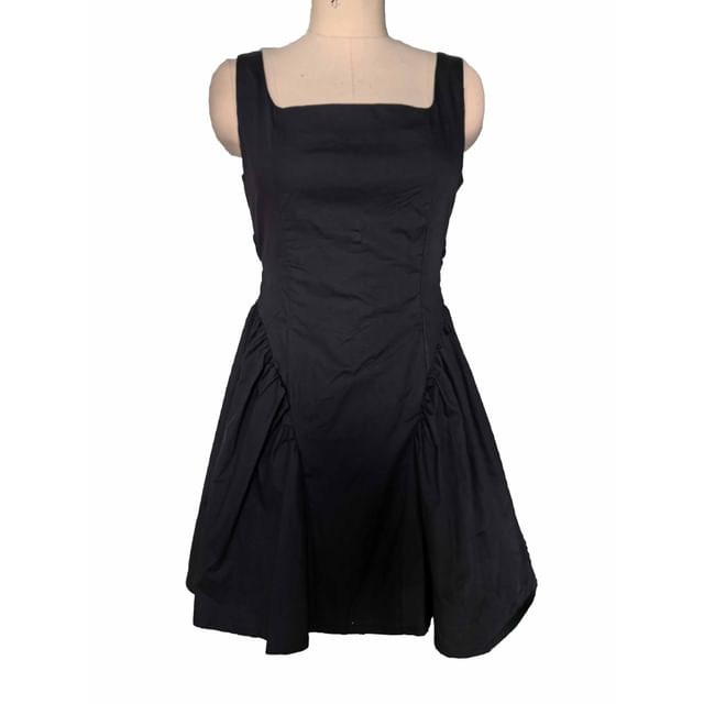 A-Line Neck Square Tie Plain Waist Back Open Mini Dress Sleeveless
