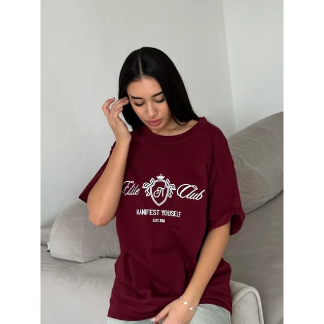 Elbow-Sleeve Neck Lettering Embroidered Tee Crew