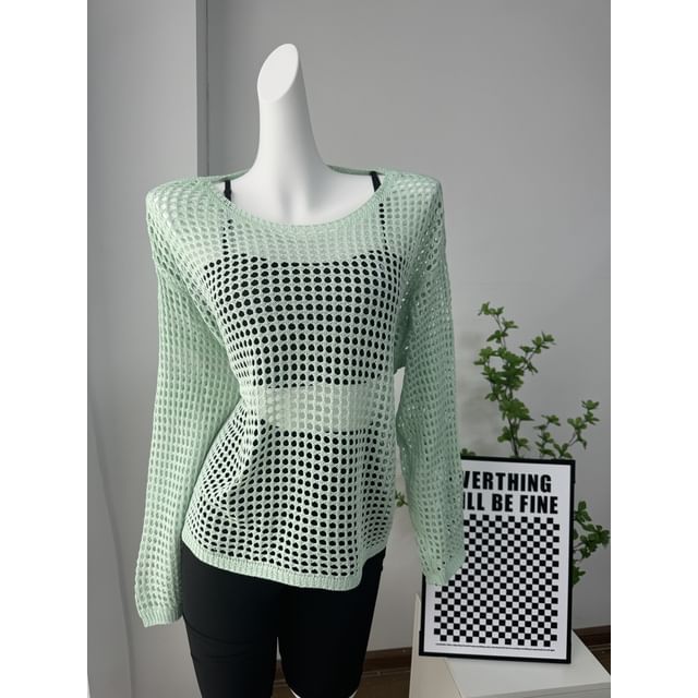 Knit Long-Sleeve Plain Neck Round Perforated Top