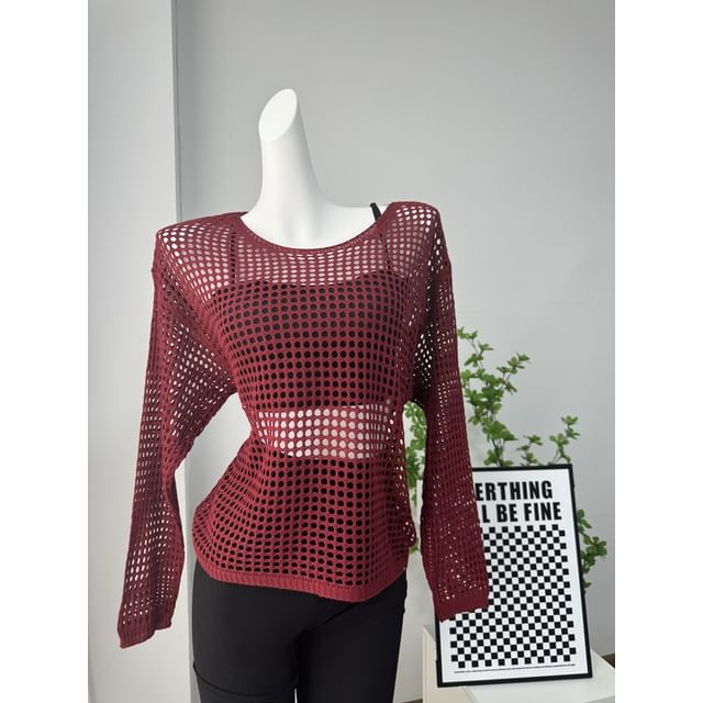 Knit Long-Sleeve Plain Neck Round Perforated Top