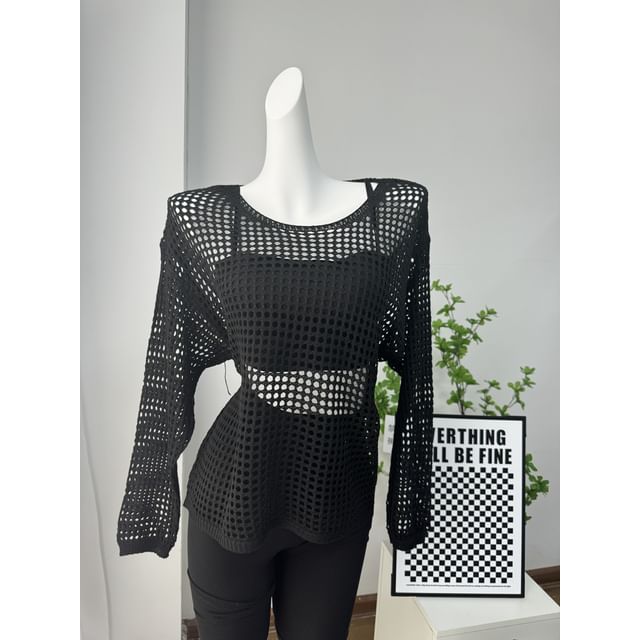 Knit Long-Sleeve Plain Neck Round Perforated Top