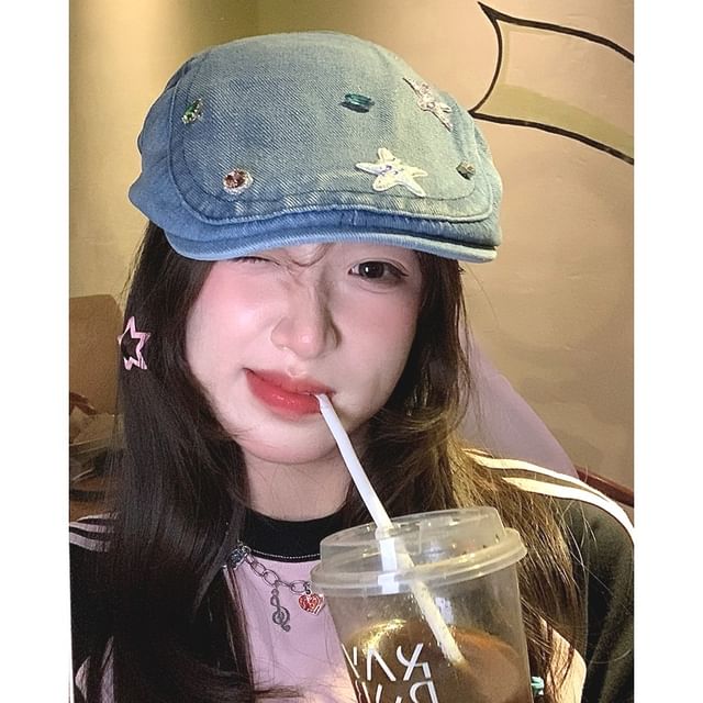 Embellished Flat Cap Denim