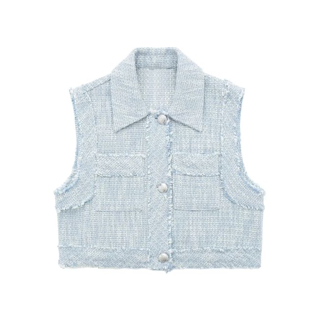 Collared Tweed Button-Up Crop Vest