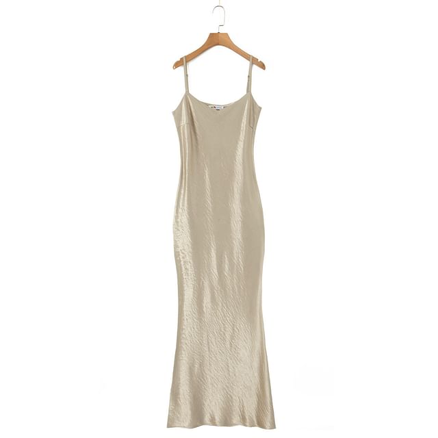 Notch Lapel Plain Single Breasted Blazer / Spaghetti Strap Plain Satin Maxi Mermaid Dress