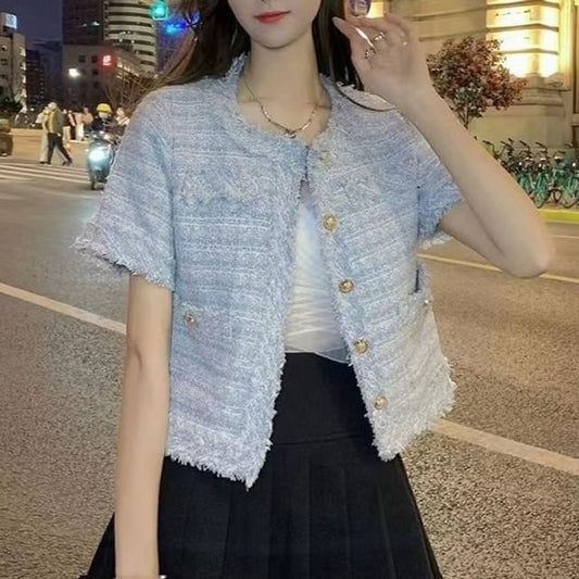 Short Sleeve Round Neck Fray Tweed Button Jacket