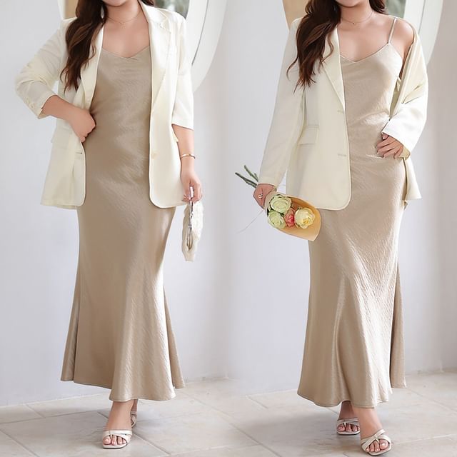 Notch Lapel Plain Single Breasted Blazer / Spaghetti Strap Plain Satin Maxi Mermaid Dress