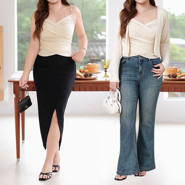 Ruched Plain Camisole Top with Open-Front Cardigan