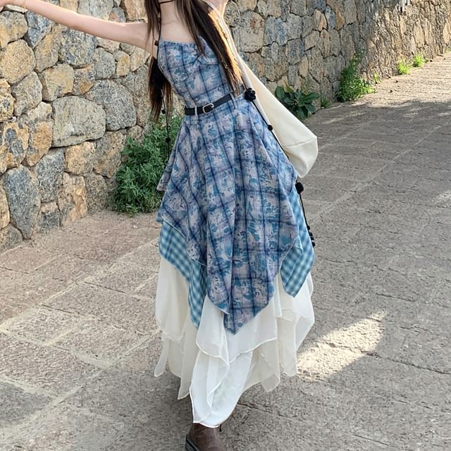 Spaghetti Strap Plaid A-Line Dress / Maxi A-Line Skirt / Belt / Set