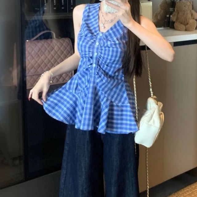 Plaid Peplum Ruched Sleeveless V-Neck Blouse