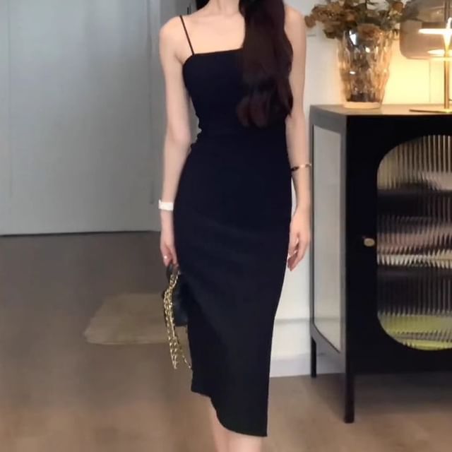 Spaghetti Strap Plain Midi Sheath Dress
