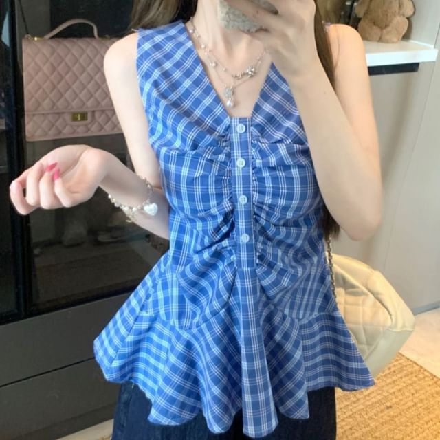 Plaid Peplum Ruched Sleeveless V-Neck Blouse