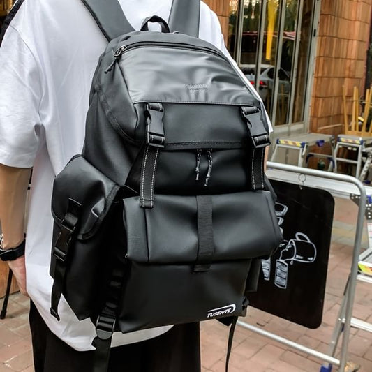 Lettering Buckled Leather Backpack Faux