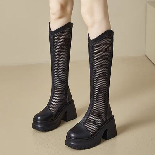 Heel Platform Block Boots Mesh Plain Tall