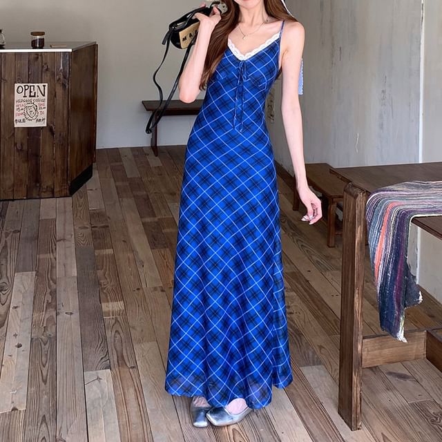 Spaghetti Strap Lace Trim Plaid Midi A-Line Dress