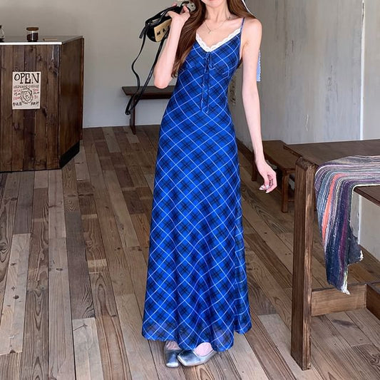 Spaghetti Strap Lace Trim Plaid Midi A-Line Dress