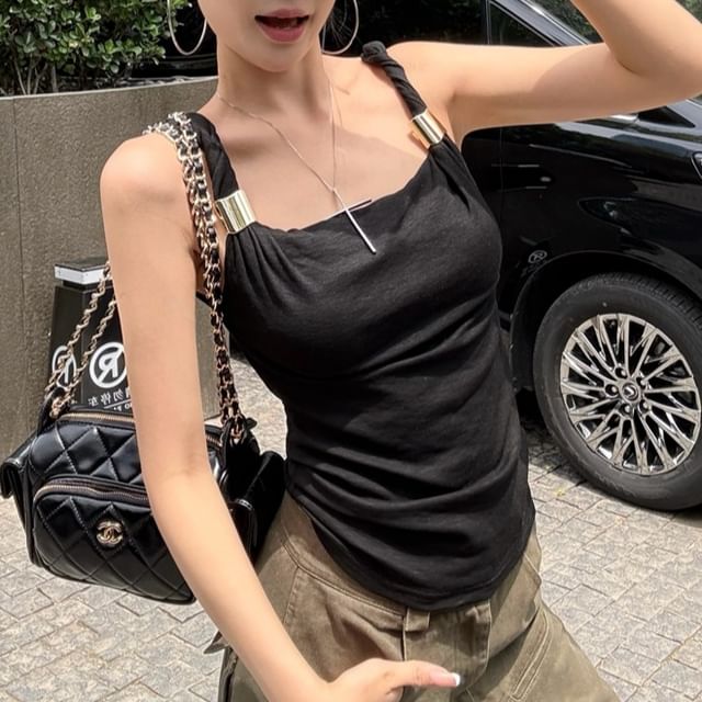 Ruched Plain Slim-Fit Sleeveless Tank Top