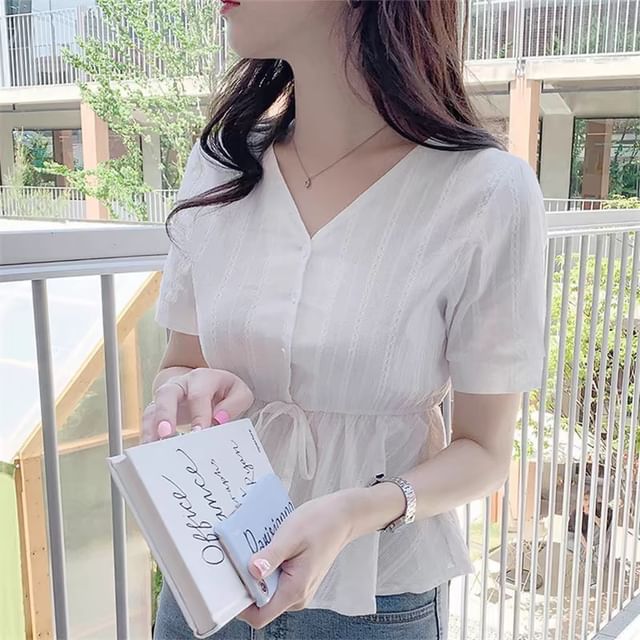 Drawstring Button-Up V-Neck Short-Sleeved Blouse