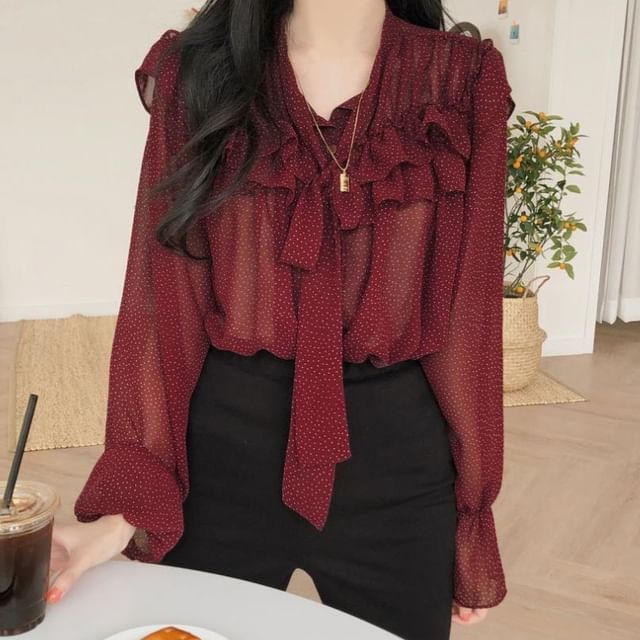 Dotted Ruffled Puff-Sleeved Blouse