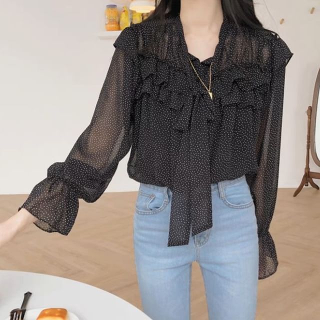 Dotted Ruffled Puff-Sleeved Blouse
