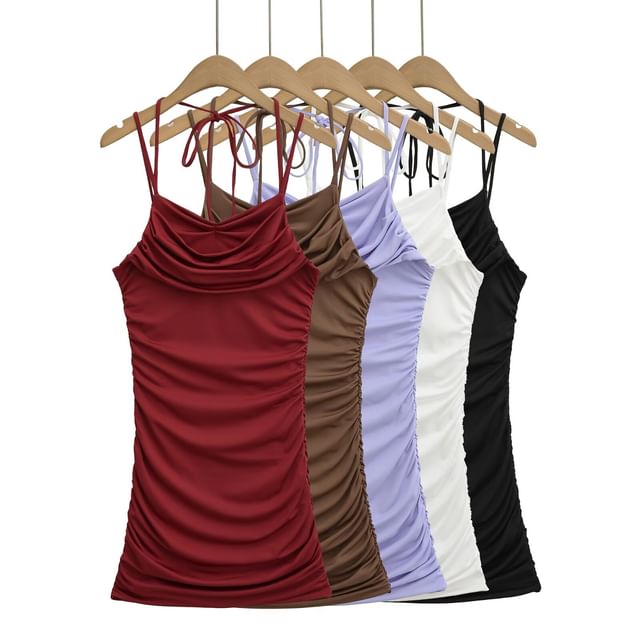 Spaghetti Strap Cowl Neck Plain Ruched Mini Bodycon Dress