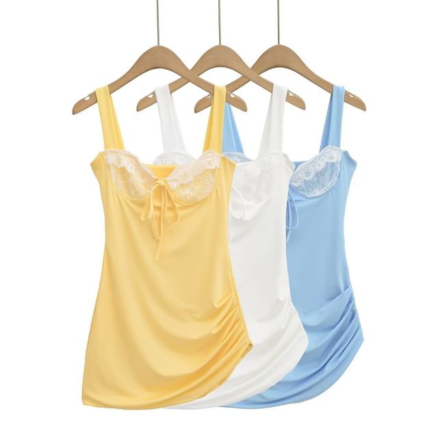 Spaghetti Strap Square Neck Plain Lace Trim Mini Bodycon Dress