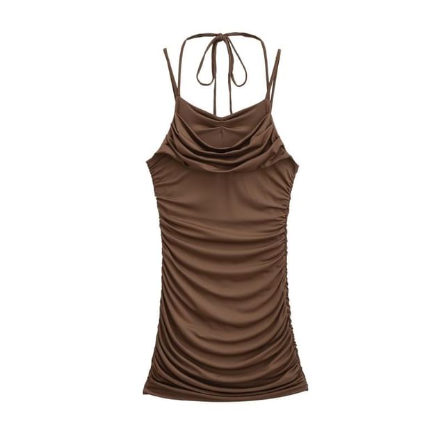 Spaghetti Strap Cowl Neck Plain Ruched Mini Bodycon Dress