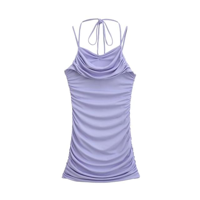 Spaghetti Strap Cowl Neck Plain Ruched Mini Bodycon Dress