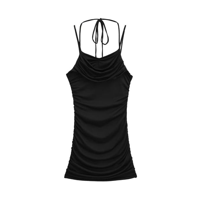 Spaghetti Strap Cowl Neck Plain Ruched Mini Bodycon Dress