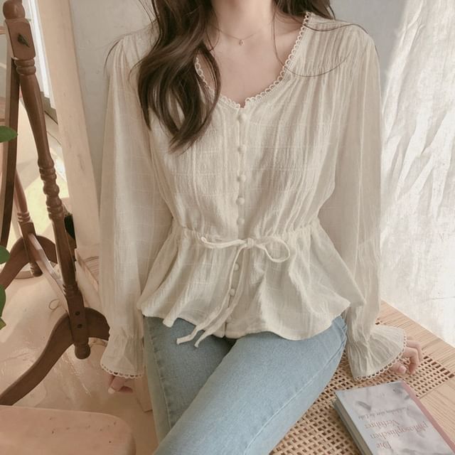 Plaid Lace-Trim Puff-Sleeved Button-Up Blouse