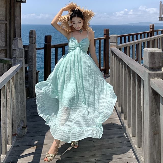 Spaghetti Strap Plaid Ruched Midi A-Line Sundress