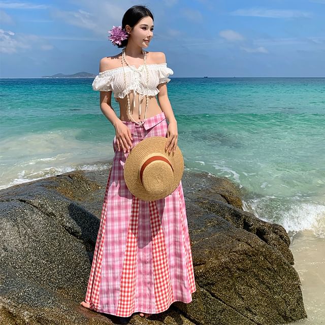 Puff-Sleeved Off-Shoulder Ruffle Crop Top & Plaid Mid-Waist Maxi Skirt Set