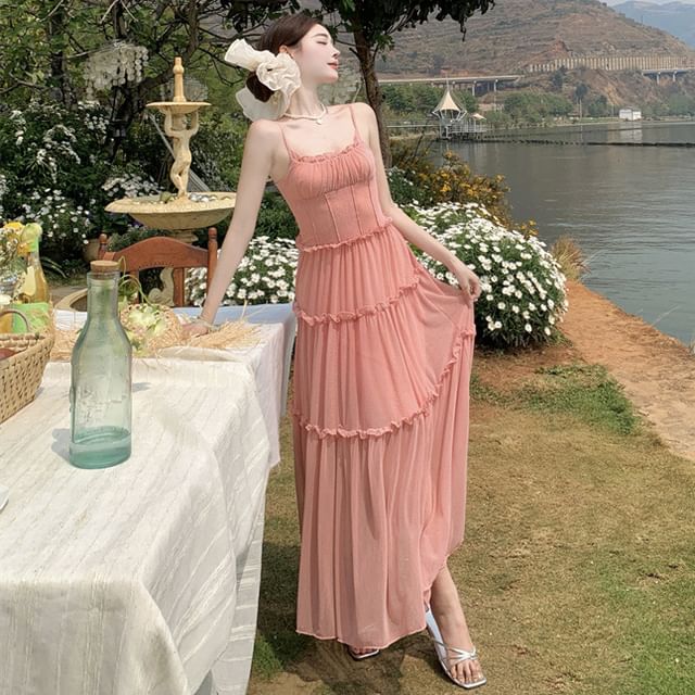 Spaghetti Strap Plain Tiered Ruffle Trim Midi A-Line Dress