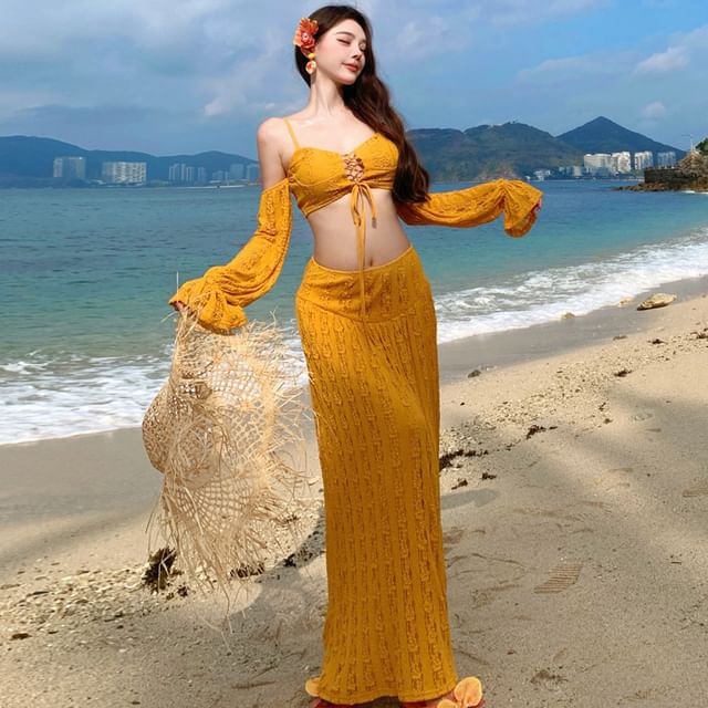 Cold-Shoulder Cutout Lace-Up Crop Top & Slit High-Waist Maxi Skirt Set
