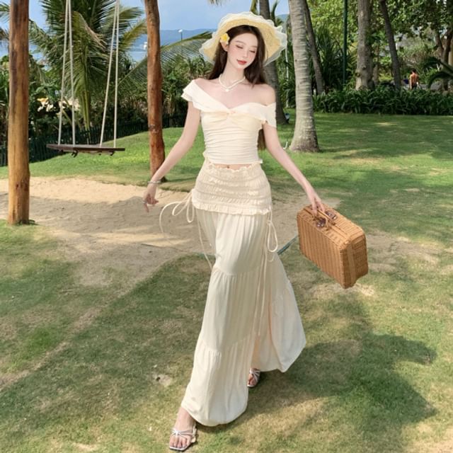 Ruched Crop Slim-Fit Cotton Tee & Tiered High-Rise Maxi A-Line Skirt Set