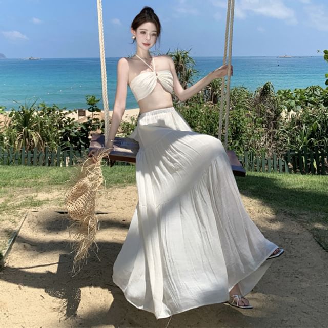 Plain Halter Crop Cami Top & Tiered High-Rise Maxi A-Line Skirt Set