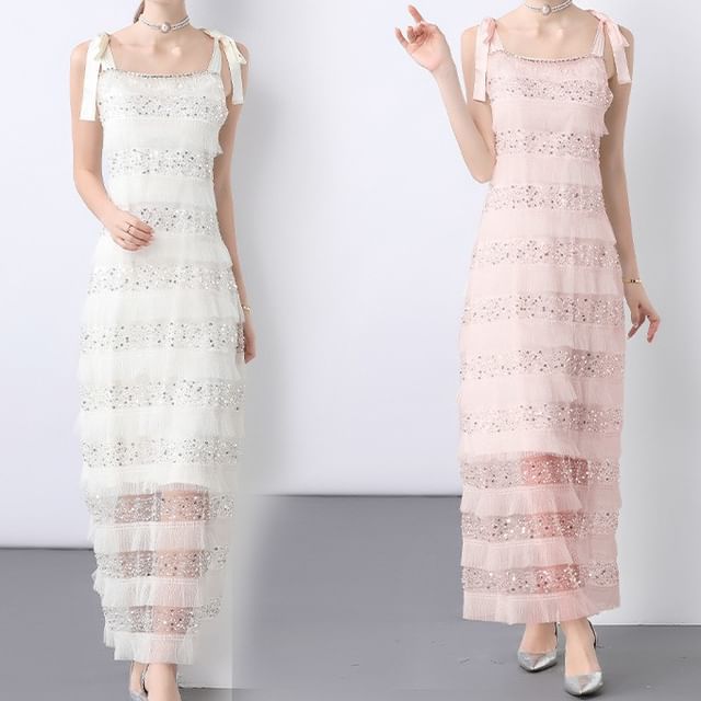 Tie Shoulder Plain Sequin Beaded Panel Maxi A-Line Dress