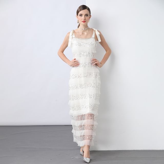 Tie Shoulder Plain Sequin Beaded Panel Maxi A-Line Dress