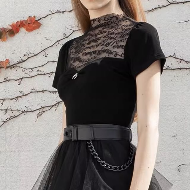 Panel Mesh Plain Mock-Neck Short-Sleeved Top