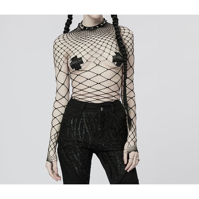 Fishnet Plain Mock-Neck Long-Sleeved Bodysuit Top