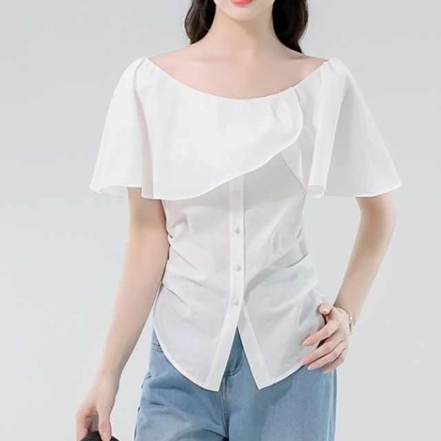 Off-Shoulder Ruched Buttoned Blouse with Ruffled Sleeves