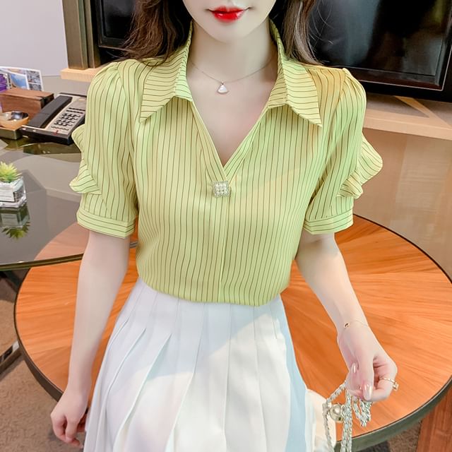 Striped Ruffle-Trimmed Collared V-Neck Blouse, Short Sleeved