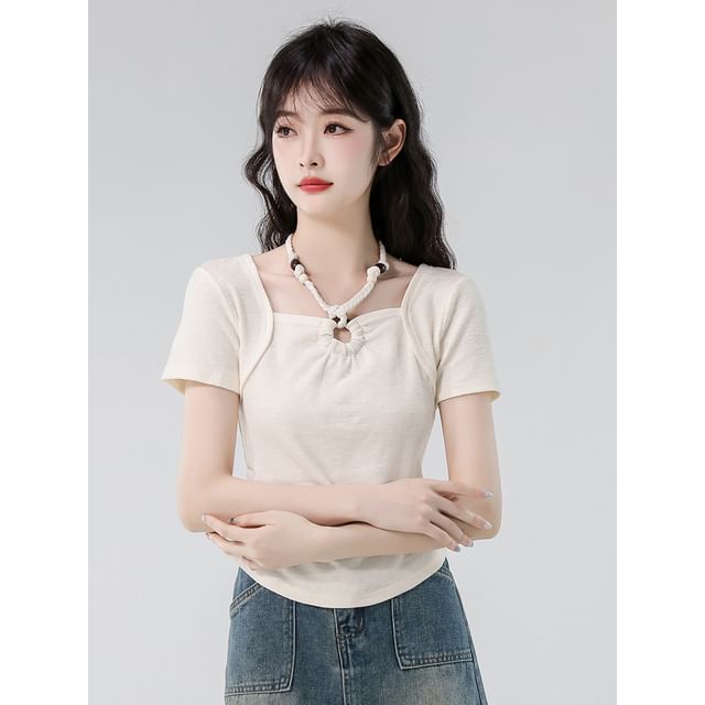 Beaded Slim Cropped Halter Tee, Short Sleeved and Plain