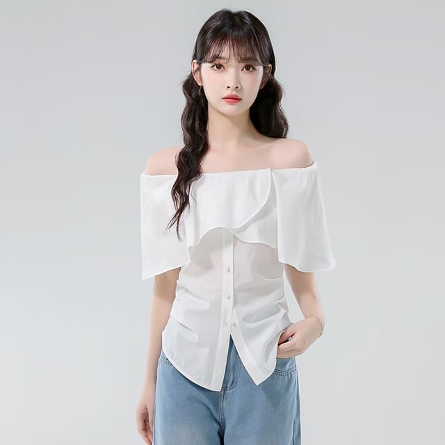 Off-Shoulder Ruched Buttoned Blouse with Ruffled Sleeves