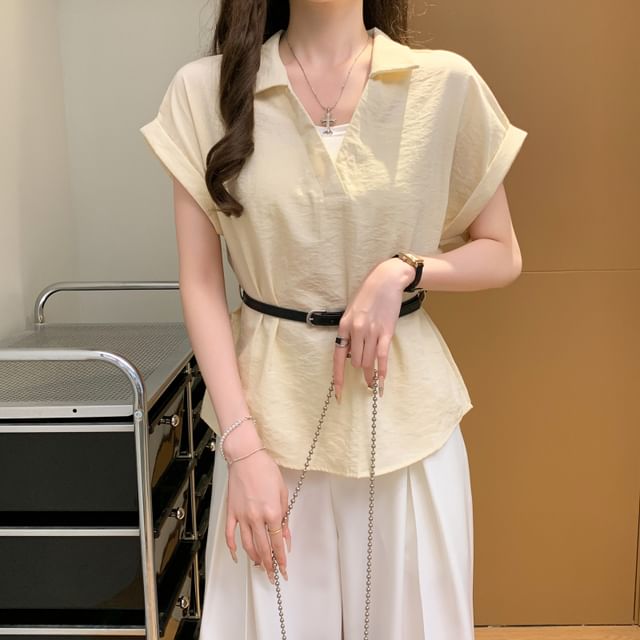 Collared V-Neck Plain Blouse with Belt and Short Sleeves